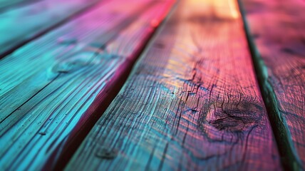 wood planks with glowing neon light reflection shining on the boards