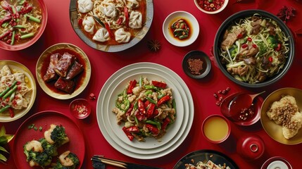 Chinese festive table Asian food flat lay view. Lunar new years. Chinese New Year. Asian festive food