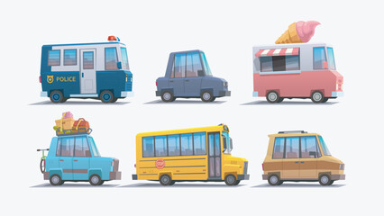 school bus and other cars in set - obrazy, fototapety, plakaty