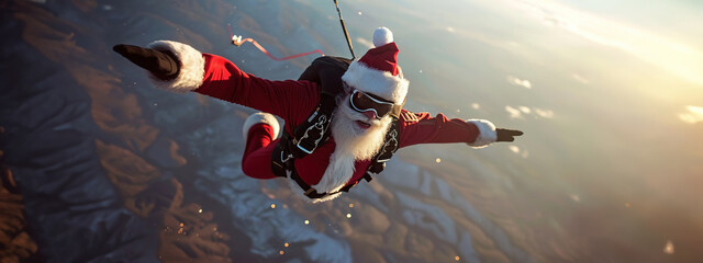 Fearless Santa Claus makes an exciting jump with a parachute, Santa without fear, image with space for text, created with Generative Ai technology. - obrazy, fototapety, plakaty