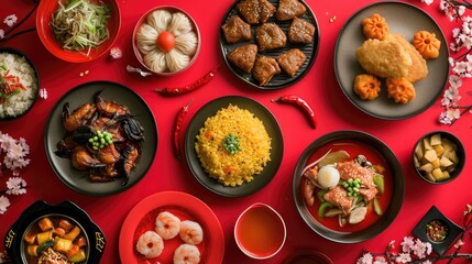 Chinese festive table Asian food flat lay view. Lunar new years. Chinese New Year. Asian festive food