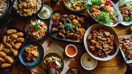 Fototapeta premium Chinese festive table Asian food flat lay view. Lunar new years. Chinese New Year. Asian festive food