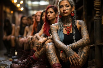 Obraz premium Girls with Latin American tattoos on their faces and bodies. Patterns and painting on the body, Concept: female gangs, aggressive and tough people
