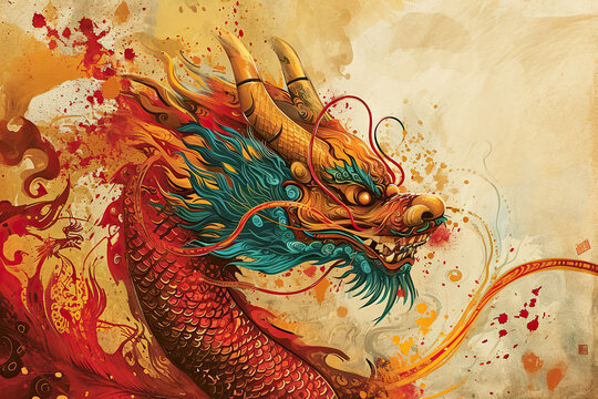 Painting of a traditional chinese red dragon