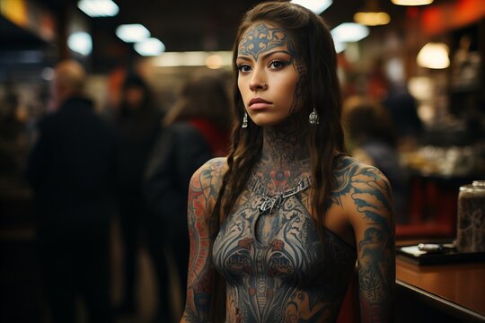Girls with Latin American tattoos on their faces and bodies. Patterns and painting on the body, Concept: female gangs, aggressive and tough people