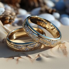 Wedding rings on the sand of the beach against the backdrop of ocean waves. Concept: marriage proposal while traveling or on vacation.