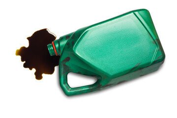 old engine oil bottle old black lubricant Spilled used car engine on white background