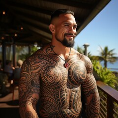 Polynesian style tattoo on a muscular and athletic man's body. Patterns and drawings on the body in the tribe, painting on the skin - obrazy, fototapety, plakaty