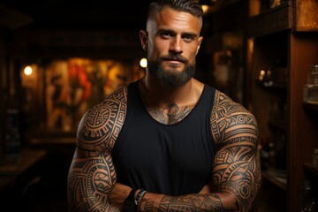 Polynesian style tattoo on a muscular and athletic man's body. Patterns and drawings on the body in the tribe, painting on the skin - obrazy, fototapety, plakaty