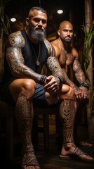 Fototapeta premium Polynesian style tattoo on a muscular and athletic man's body. Patterns and drawings on the body in the tribe, painting on the skin