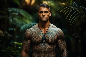Polynesian style tattoo on a muscular and athletic man's body. Patterns and drawings on the body in...