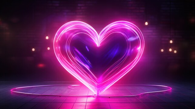A heart shaped neon light in the middle of a floor