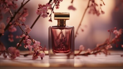 Obraz na płótnie Canvas Floral Essence: A Small Bottle of Scent Adorned with Delicate Flowers, Capturing the Essence of Nature's Fragrance in a Petite Elegance - AI Generative