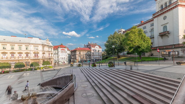 Panorama showing Sulkowski Castle and fountain on Chrobry Square in Bielsko-Biala timelapse, Poland.