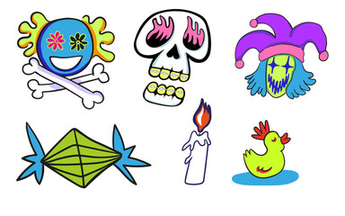 set of doodle elements in vector.halloween objects.image for stickers, print, app, design, web site, label, poster, postcard . Series of teenage icons