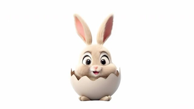 A funny cartoon easter bunny sitting in a cracked egg shell and saying something on a white background. Easter celebration concept. High quality 4k footage