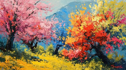 A Painting of Colorful Trees on a Hill