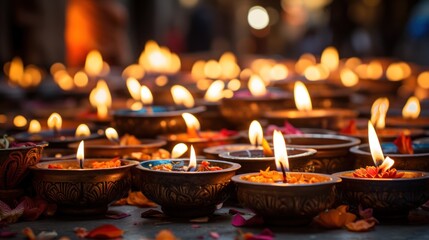 Warm glow from numerous Diwali diyas casts a soft light, celebrating the festival of lights.