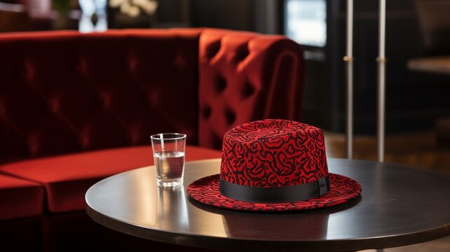 A Stylish Fedora, Adorned with Intricate Patterns and Textures, Gracefully Resting on a Sleek and Modern Table, Crafting a Visually Striking Image of Timeless Fashion - AI Generative