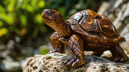 Naklejka premium Wooden Turtle Sculpture Perched on a Natural Rock