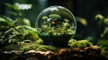 Showcase the green ball with the word ESG in the context of wildlife conservation and biodiversity protection. 