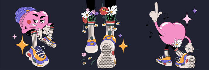 Groovy lovely set cool hearts with flowers stickers. Love concept. Happy Valentines day. Funky happy heart character in trendy retro 90s cartoon style. Vector illustration in pink red colors.	