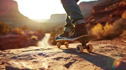 Rolgordijnen Person Riding a Skateboard on a Rocky Surface © FryArt Studio