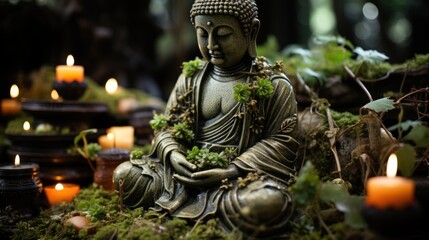 Buddha figure meditates surrounded by nature and soft candlelight.