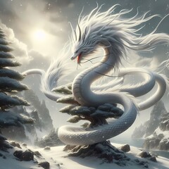 White snake dragon that fly in the place full of snow around the Christmas tree generated with Ai tool