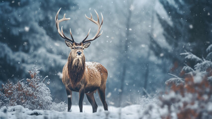 Snowfall Serenity: Elegant Stag Amidst Winter's Embrace