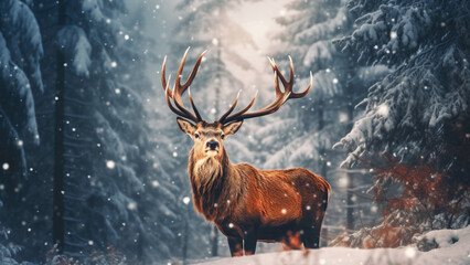 Snowy Silent Sentinel: Majestic Deer in Winter Wonderland