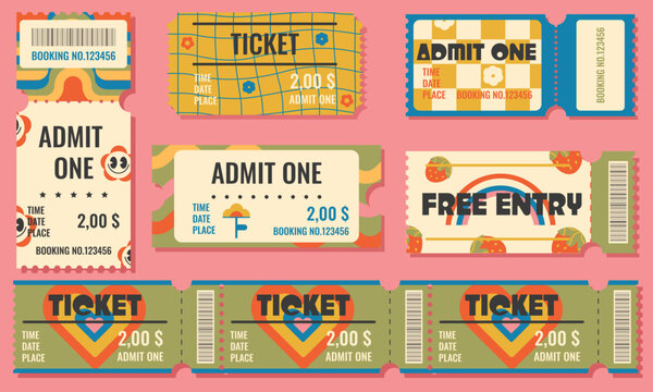 Funny movie cinema tickets. Admit one coupon vector templates in a retro groove style.Paper ticket stubs, cinema festival event admission and entrance pass set with flowers,hearts and rainbow.Vector