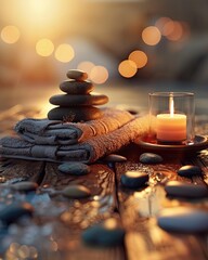 A towel, a candle, and soft stones on a wooden table
