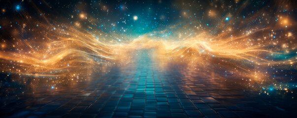 A mystical magical scene with a tree lit by fiery neon light with a path leading to a mysterious forest.Fantasy and adventure. Esoteric and out-of-body travel. Banner. Copy space