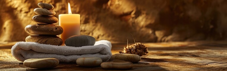 Towel, candle and soft stones on a wooden table