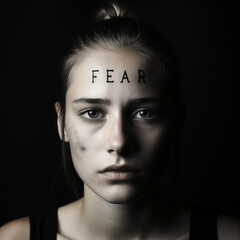 portrait of sad woman with the word fear drawn across her face with black ink, background black