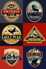 North lands discovery wilderness outdoor adventure vintage badge collection vector print or embroidery applique for kids boy man wear