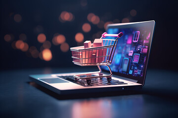 Online shopping concept with miniature shopping cart standing in front of laptop, Generative AI Illustration