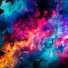 A spectacular explosion of multicolored red, blue, yellow and pink colors, in slow motion, creates a bright and dynamic image. The energy of life and inspiration
