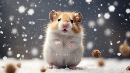 Fototapeta na wymiar Winter Whisker Whimsy: Tiny Hamster in the Snowfall