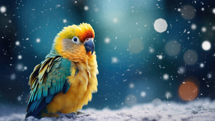 Yuletide Rainbow Rambler: Parrot in the Snowy Forest