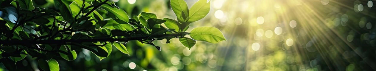 Fototapeta premium Green foliage in sunshine background with sun rays