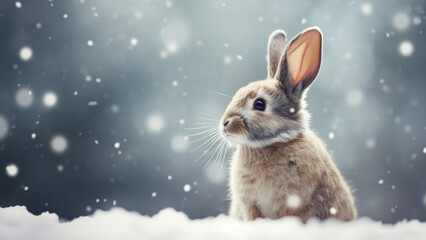 Fototapeta na wymiar Winter Whiskers: Rabbit in a Snowfall Scene