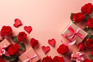 Gift boxes with red roses and Valentine's Day hearts on a pink background with an empty space