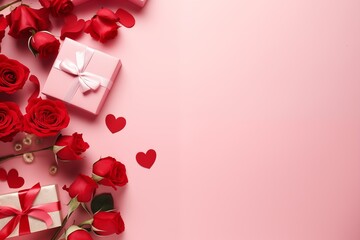 Gift boxes with red roses and Valentine's Day hearts on a pink background with an empty space