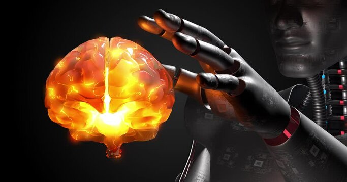Electrical Waves Around Human Brain. AI Robot Copying Data. Technology And Science Related 3D Animation. 
