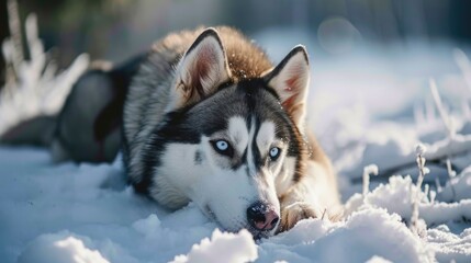 Naklejka premium A Majestic Husky Dog Resting in a Winter Wonderland