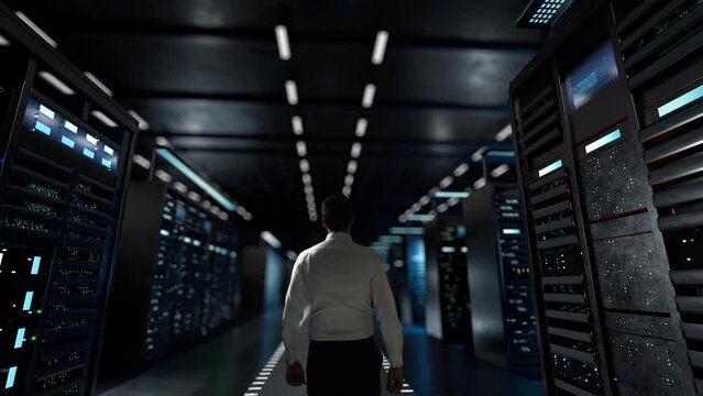 Robotic desktop automation RDA. IT Administrator Activating Modern Data Center Server with Hologram.