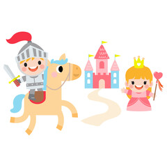 Fantasy knight princess and dragon . prince on horseback holding sword fights with dragon.