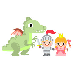 Fantasy knight princess and dragon . prince on horseback holding sword fights with dragon.